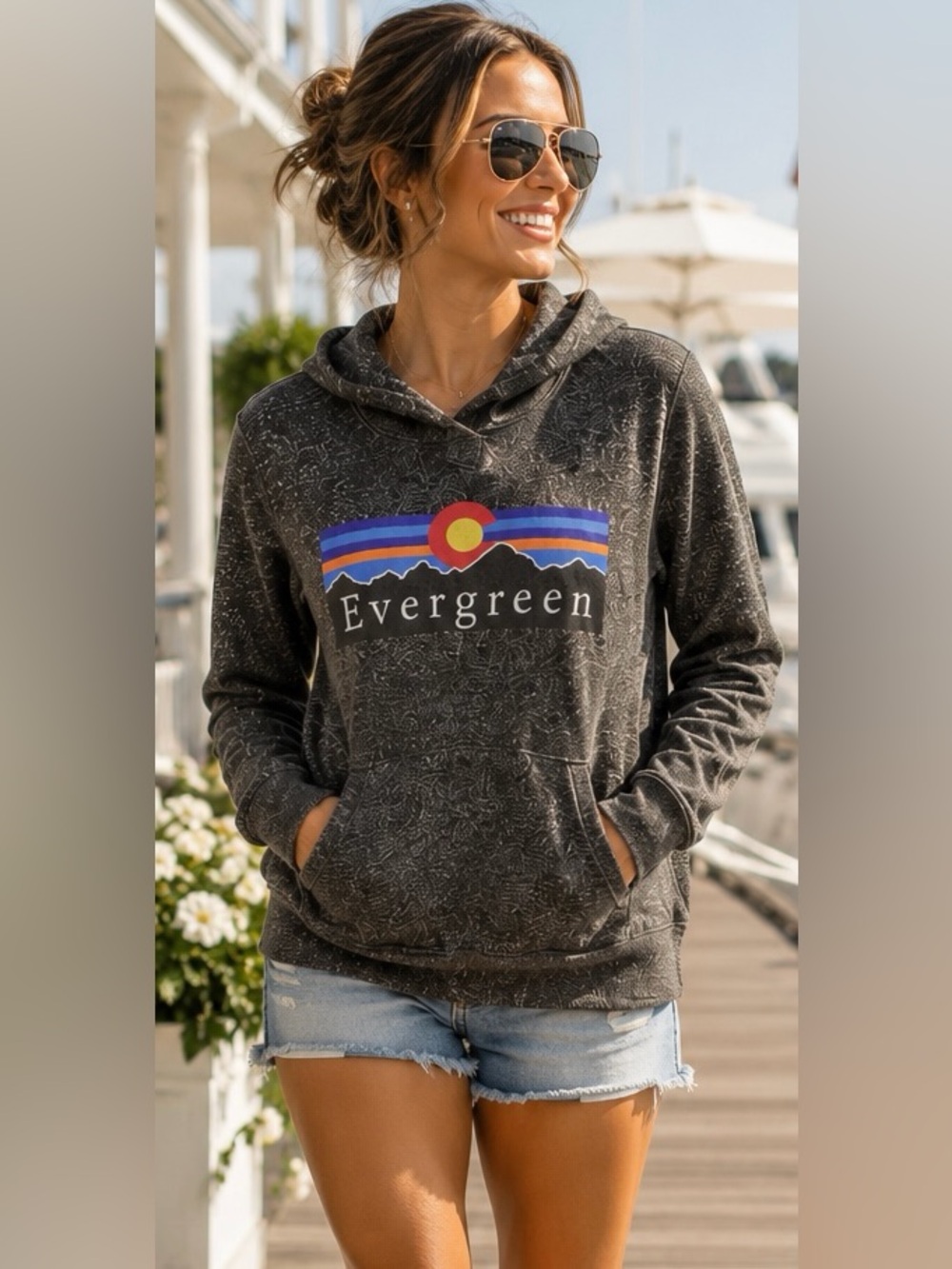 Evergreen Colorado Hoodie XL Mountain Sunrise Graphic Charcoal Gray Pullover XL